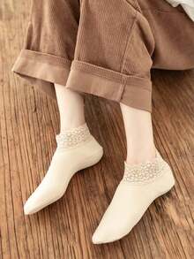 6/1pair Women's Boat Socks, German Fleece Autumn And Winter Warm Mid-Calf Silicone Non-Slip Thickened Lace Trim Winter Floor Socks - Multicolor - View 16