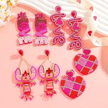 一对情人节手工串珠格子心形耳环，可爱龙虾吊坠长款耳环，适合作为母亲节、情人节、生日、婚礼、订婚、新娘礼物 - 彩色 - 查看 12