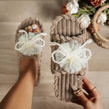 女士蝴蝶结平底拖鞋，棕色，优雅布艺串珠时尚休闲室内鞋，秋冬季 - 棕色 - 查看 1