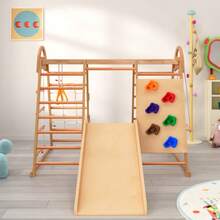 7-In-1 Multifunctional Playpen, Made Of Solid Wood, Plywood, And Beech Wood. Includes Swing, Ladder, Slide, Net, Plastic Holds, And Rings. Can Also Be Used As A Play Tent. - Natural Color - View 11