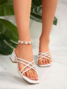 Women's Square Toe High Heel Sandals, Open Toe Criss-Cross Strap Chunky Heel Slip-On Dress Sandals - White - View 1