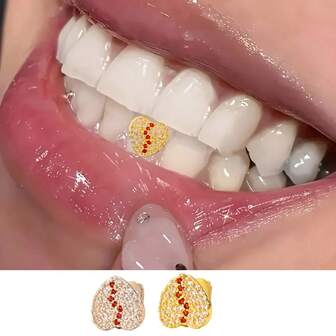 1 Pc Heart-Shaped Copper Gold-Plated Full Zirconia Dental Grill, Unisex Hip-Hop Punk Braces, Suitable For Parties, Stage Performances, An Ideal Choice For Birthday And Valentine's Day Gifts, Featuring A Textured And Sparkling Design