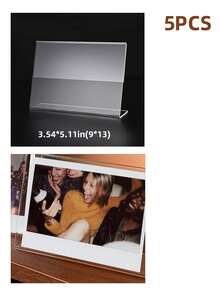5 个 3.5 英寸 5.1 英寸透明相框，迷你透明标牌展示架，9*6 厘米，桌面 DIY 装饰，水平倾斜 L 形塑料名片价格标签柜台支架，可用于办公室、餐厅、会议、购物中心