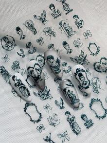 A Retro Dark Nail Sticker With Relief Texture Design, Gothic Baroque Style, Featuring Classical Portraits, Bows, Carved Picture Frames And Other Patterns, Suitable For Personal DIY And Creating Dark And Exquisite Nail Art Nails Nail Supplies - Black - View 3