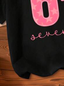 Camiseta de manga corta casual con cuello redondo y estampado numérico para niña - Negro - Ver 6