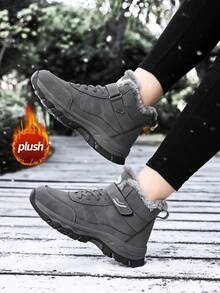 Women's Snow Boots, Short Shaft, Thermal Lining, Thick, Hook And Loop Design For Easy Wear, Anti-Slip, Suitable For Middle-Aged And Elderly, Warm Outdoor Winter Shoes, Fluffy Lining, Strong Wrapping, Breathable For Daily Wear, Winter Elderly Walking Shoes - Grey - View 4