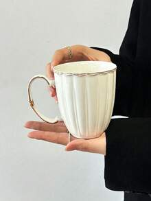 1pc European Style Embossed White Ceramic Gold Rim Mug With Handle, Coffee Cup, Breakfast Milk Cup, Home Afternoon Tea Latte Art Cup, Juice Beverage Cup, Couple Water Cup, Christmas Holiday Gift, Gift For Family And Friends - White - View 13