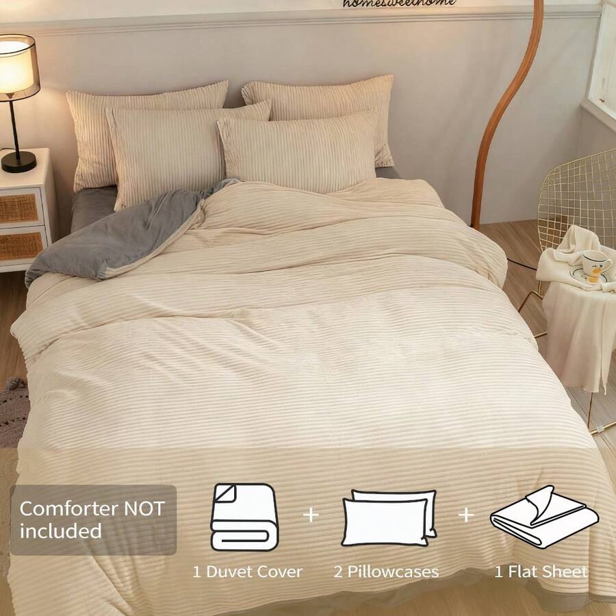 4 Pcs Luxury Coral Fleece Bedding Set - Ultra Soft Plush Duvet Cover With Zipper Closure, 2 Pillow Shams & Flat Sheet, Wrinkle-Free All-Season Use (Twin/Full/Queen/King Size Available) - 白色 - 查看 1