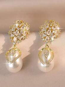 1 Đôi bông tai mặt dây chuyền ngọc trai giả thanh lịch, đính đá Cubic Zirconia, mạ vàng đồng, thích hợp làm quà tặng đính hôn, cưới và kỷ niệm. - Vàng - Xem 12