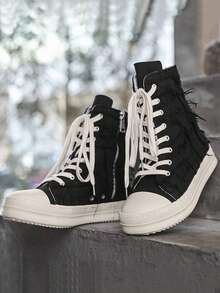 1双情侣鞋，2025新款春季厚底增高复古运动高帮帆布鞋，侧拉链，男女通用 - 黑色 - 查看 2