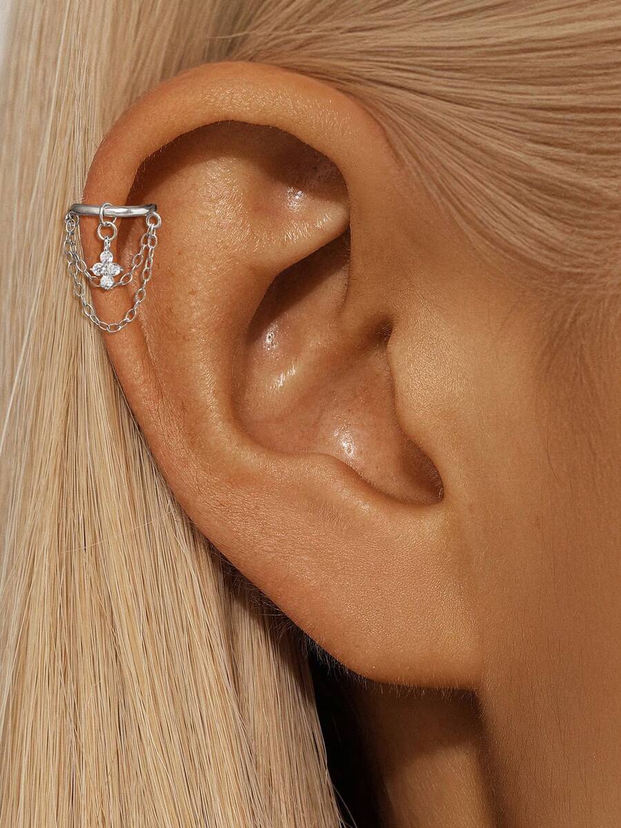 EleRunis 1PC 925 Sterling Silver Flower Chain Earrings Nose Cartilage Helix Piercing Fine Jewelry For Daily Wear Wedding Party Engagement Anniversary Valentine's Day - Silver - View 1