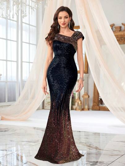 UNITHORSE [Random Cutting] Women Asymmetric Neck Ombre Sparkle Sequin Glam Evening Party Dress, Bride Dress, Birthday Outfits, Graduation Dress, Formal Dress, School Clothes