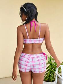 女士性感优雅粉白格纹比基尼套装四件套，适合海滩度假派对、春夏换季穿着，春季穿搭，夏季派对、浪漫约会、波西米亚风情，时尚独特设计，休闲旅行必备。 - 粉色 - 查看 4