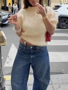 FOR BEAUTY 女士春夏新款圆领短袖套头毛衣，女士通勤休闲宽松针织衫，轻松打造日常优雅浅桃色纯色百搭毛衣 - 米杏 - 查看 5