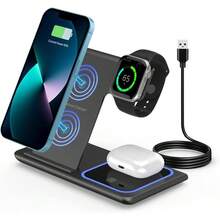 无线充电支架 3 合 1 可折叠充电板 LED 灯 15W 快速充电站 兼容 17 16 15 14 13 12 8 X 9 8 7 Airprods - 黑色 - 查看 11