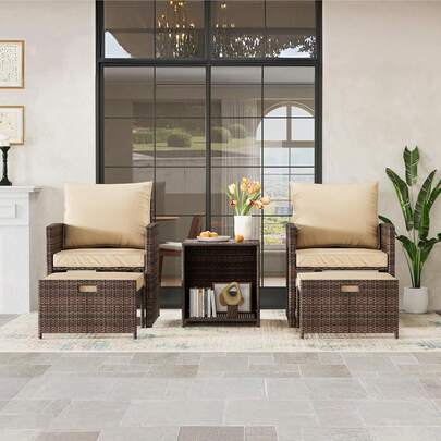 Juego de Muebles de Patio de 5 Piezas, ratán de Mimbre de Polietileno para Exteriores, con Cojines Suaves, 2 otomanos y Mesa de Centro de 2 Niveles para Piscina, jardín, balcón, café y Gris