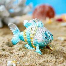 YU FENG Vintage Tropical Fish Trinket Box, Hinged Enamel Hand Painted Sea Animal Jewelry Box Ring Earrings Jewelry Organizer For Home Decor Gift,Fish-Blue - Fish-blue - View 5
