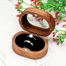 Oval Small Walnut Wooden Ring Box For 2 Rings, Ring Holder For Engagement Wedding Ceremony Marriage Birthday (Black Inner),BlackInner - 黑色內層 - 查看 7