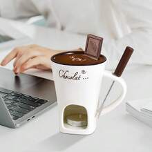 Taza para Fondue de Chocolate con Tenedores,Taza para Derretir Chocolate,Juego de Calentadores de Mantequilla de Cerámica,Taza para Derretir Queso,Fondue Calentada con una Velita (Beige) - Café + Vela - Ver 4