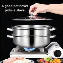 1pc 28cm Chinese Style Thickened Stainless Steel Soup Pot, Non-Stick Pot, Suitable For Cooking, Steaming, Hotpot, Induction Cooker, Gift Box - Silver - View 5