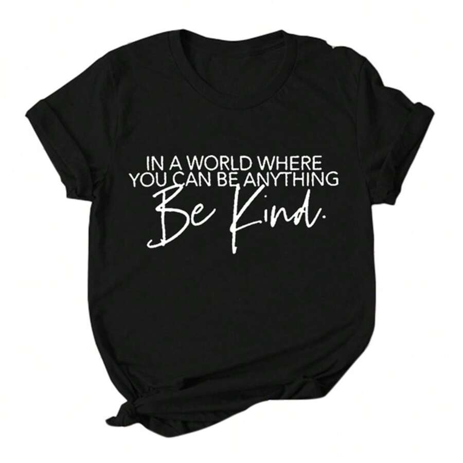 T Shirts For Women Letter Print T Shirt Round Neck Sleeve Shirt Tees Womens Tops Shirts For Women Black - 777 - 查看 1