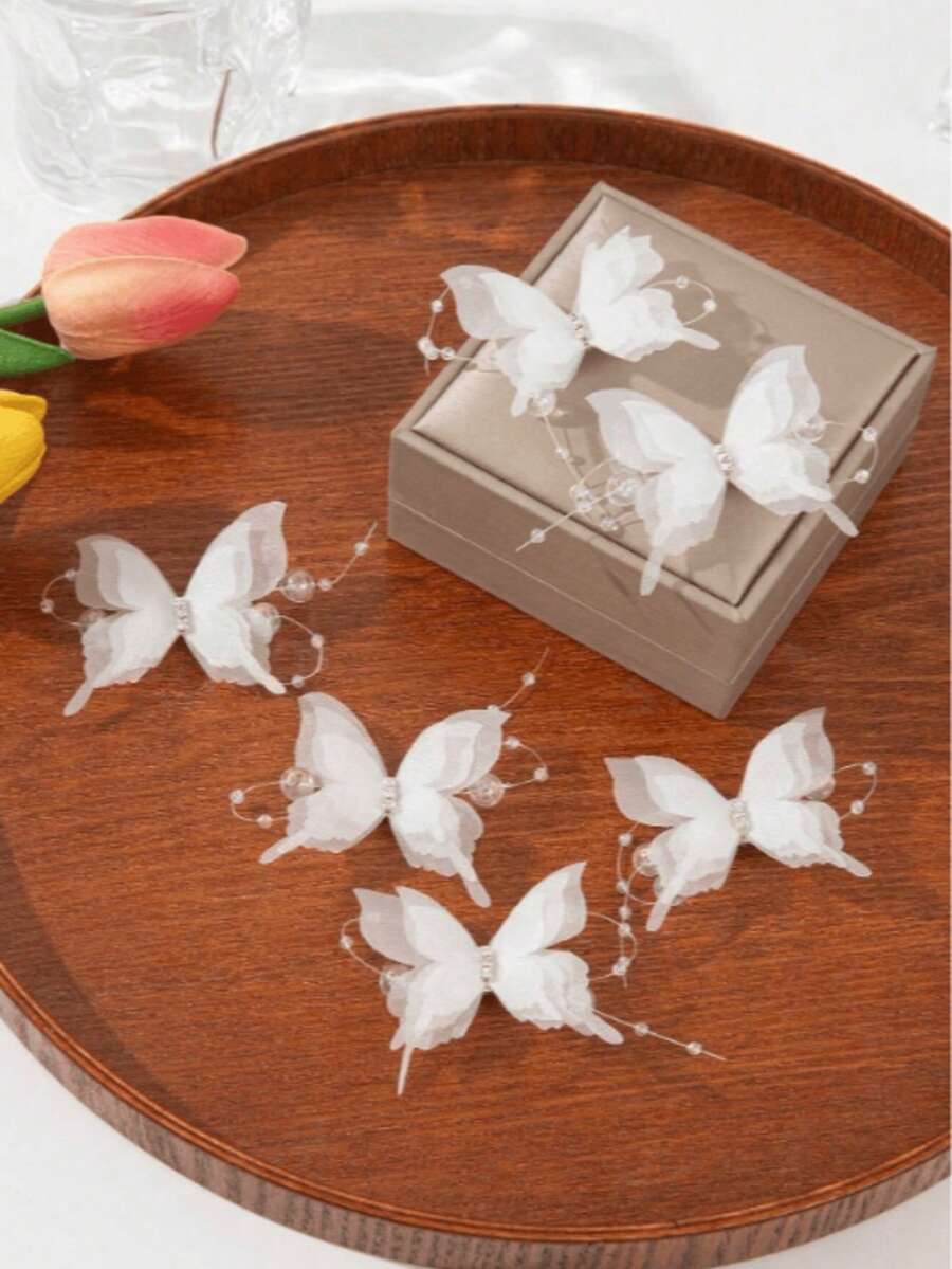 6pcs Lace Triple Layer Crystal Pearl Butterfly Hair Clips, Suitable For Daily Use, Claw Clips, Hair Slide, Hair Barrettes - White - View 1