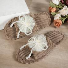 女士蝴蝶结平底拖鞋，棕色，优雅布艺串珠时尚休闲室内鞋，秋冬季 - 棕色 - 查看 5