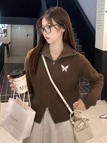 Maillard Turndown Collar Zip-Up Knit Cardigan Sweater For Women, Loose Fit Thick Outerwear For Autumn/Winter - Brown - View 2