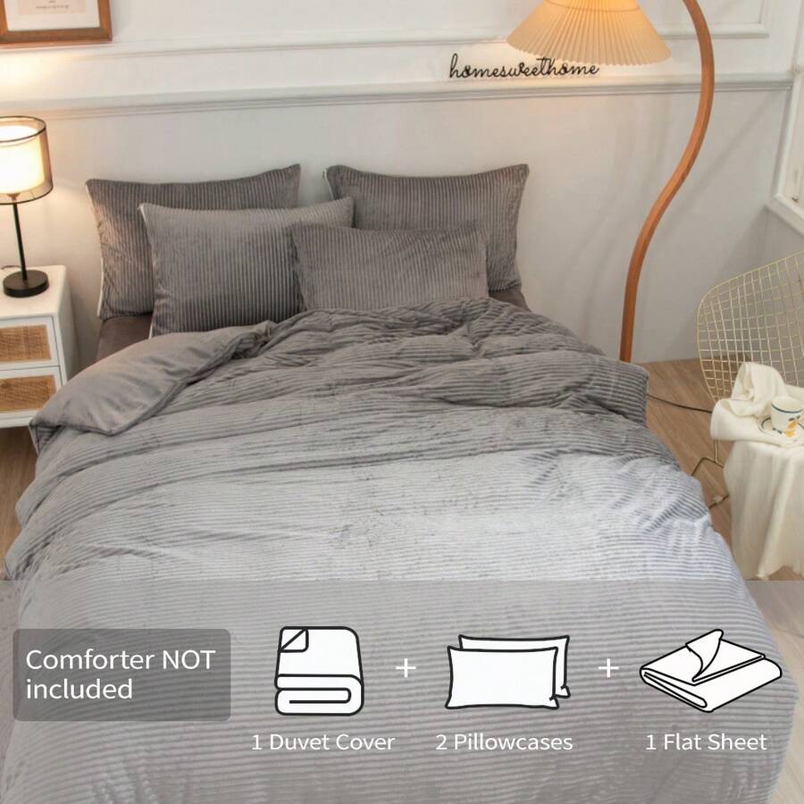 4 Pcs Luxury Coral Fleece Bedding Set - Ultra Soft Plush Duvet Cover With Zipper Closure, 2 Pillow Shams & Flat Sheet, Wrinkle-Free All-Season Use (Twin/Full/Queen/King Size Available) - 灰色 - 查看 1
