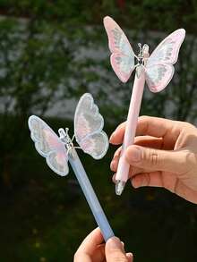 1支随机新款创意蝴蝶水晶蓝可擦凝胶笔，可伸缩笔尖，可水洗墨水，蝴蝶图案，0.5毫米蓝色凝胶墨水 - 彩色 - 查看 1