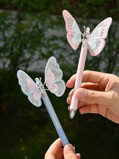 1支随机新款创意蝴蝶水晶蓝可擦凝胶笔，可伸缩笔尖，可水洗墨水，蝴蝶图案，0.5毫米蓝色凝胶墨水