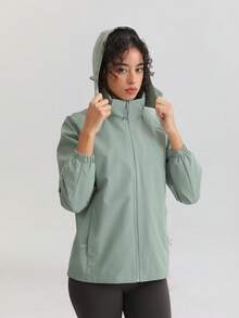 女士防风户外运动夹克，纯色，百搭，适合徒步旅行，春秋季穿着 - 綠色 - 查看 4