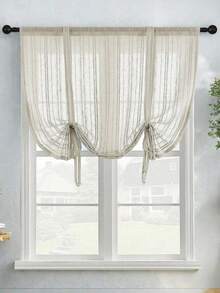 1pc Beige Striped Linen Curtain Tie-Up Roman Shade Chic Semi Sheer Curtain For Kitchen Bathroom Small Windows