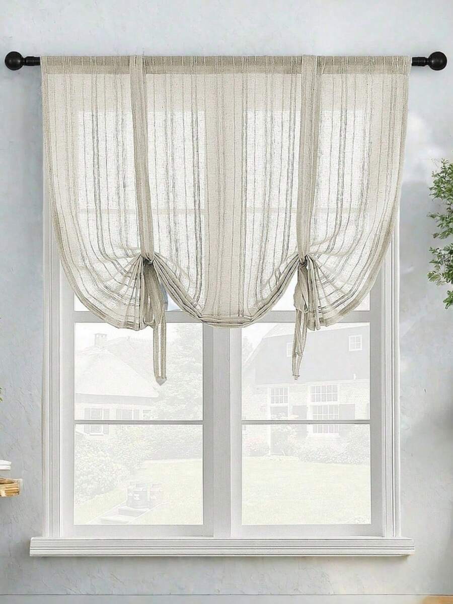 1pc Beige Striped Linen Curtain Tie-Up Roman Shade Chic Semi Sheer Curtain For Kitchen Bathroom Small Windows