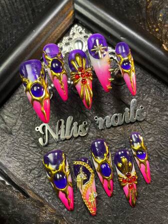 10pcs Stiletto Korean Style Gold Decorative Chrome Fake Nail,Purple Nail Art Paired With White French And Pink Tie Dye,Punk Cute Girl Y2k Style Full Coverage Patch Nail Set,3D Three-Dimensional Nail Chain&Star&Steel Nail Nail Art Accessories,Colorful Shiny Nail Gems,Suitable For Women To Wear Daily Parties(Includes: A Piece Of Jelly Glue And A Friction Strip)