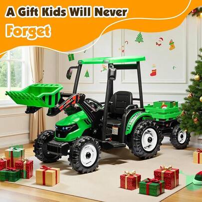 Tractor para niños con remolque y cargador frontal, vehículo todoterreno 3 en 1 con doble motor, estructura de metal y control remoto, juguete divertido para niños mayores