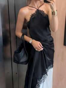 Camellia New Women's Fashion European And American Style Sexy Lace Trim Satin Blend Dress - Black - View 3