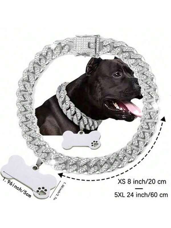 1pc Collar + Tag, Pet Collar Alloy Rhinestone 13mm Curb Chain Suitable For Medium/Large Cats & Dogs, Stainless Steel Hollow Paw Print & Bone Shaped Blank Pet ID Tag, Anti-Lost
