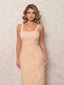 ALETHEIA - Elegant Women's Long Dress, Tailored, Square Neckline, Back Slit - Women's Dresses For Summer And New Year's - Màu be - Xem 5