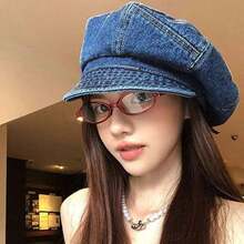 Women Beret Hat, Elegant Vintage Solid Soft Painters Cap Denim Artist Hat For Casual Daily - 藍色 - 查看 5