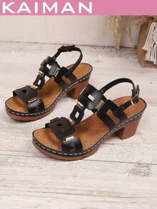 1 đôi sandal cao gót thời trang mới dành cho nữ, họa tiết hình học, khoét rỗng, đính đinh tán, chất liệu da PU, kiểu dáng thời trang và phá cách, phù hợp cho bãi biển, tiệc tùng, mùa xuân/hè. - màu đen - Xem 9