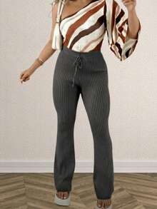 Women's Straight Cut Knit Trousers In Modal Pa With Simple Knot And Button - Màu xám đen - Xem 2