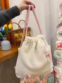 Back To School Niche Design Soft & Fluffy Drawstring Backpack, Sweet Milky White Healing Style, Convenient For Commuting, Outing, Daily Use, Large Capacity Bookbag, Autumn/Winter - Multicolor - View 3