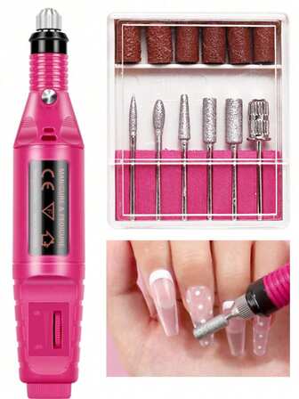 Coscelia Taladro Eléctrico para Uñas, Mini Taladro para Uñas USB, Con 6 Brocas y 6 Cintas Abrasivas, Bolígrafo Removedor de Arte de Uñas Rosa y Negro, Taladro para Acrílico y Gel, Lija para Uñas, Removedor de Cutículas, Adecuado para Familias Femeninas o Salones de Uñas