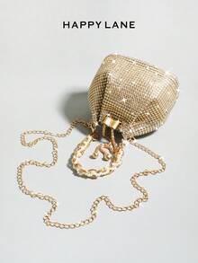 2025 Shiny Sequin & Rhinestone Mini Chain Drawstring Evening Bag, Luxury Sparkling Clutch, Rhinestone & Pearl Handbag, Elegant Chain Shoulder Bag, Suitable For Wedding Bride, Gala, Party, Ideal For Party Girls - Gold - View 5