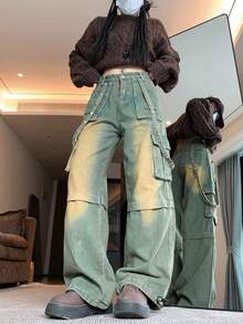 Straight Loose Wide Leg Jeans, High Street Design Cargo Pants For Women - Retro Blue - View 4