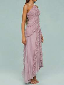 Women's Y2K Halter Neck Long Dress Elegant Sleeveless Backless Ruffles Tiered Cocktail Party Vacation Long Evening Dress - Hồng - Xem 6