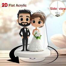 Decoração de casamento giratória plana 2D para casal, expositor de mesa giratório plano 2D de noivos com base branca, alternativa transparente em acrílico para topo de bolo de casamento, ideal para aniversários. - Multicolorido - Ver 5