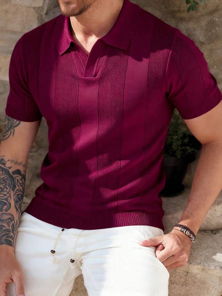 Koszulka polo męska HUODA z krótkim rękawem, prążkowana, w paski: prosta i stylowa, odpowiednia na codzienne dojazdy do pracy wiosną i jesienią - Czerwony fiolet - Zobacz 1