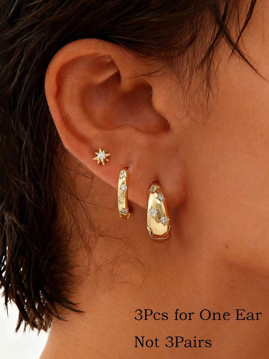 Bộ 3 bông tai hình bầu dục, mạ vàng 14k, ít gây dị ứng, thiết kế hình ngôi sao đính đá Cubic Zirconia, bộ bông tai thanh lịch, thích hợp để đeo nhiều lớp, đeo hàng ngày, phối cùng trang phục ngày lễ, làm quà tặng trang sức, chỉ bán theo bộ. - Bộ 3 khuyên tai - Xem 1